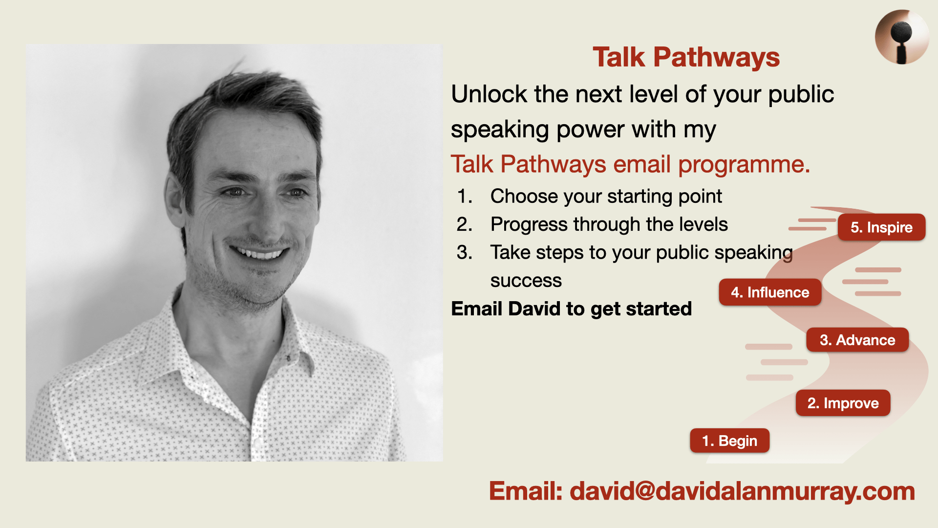 Unlock the next level of your public speaking power with David Murray Talk Pathways email programme